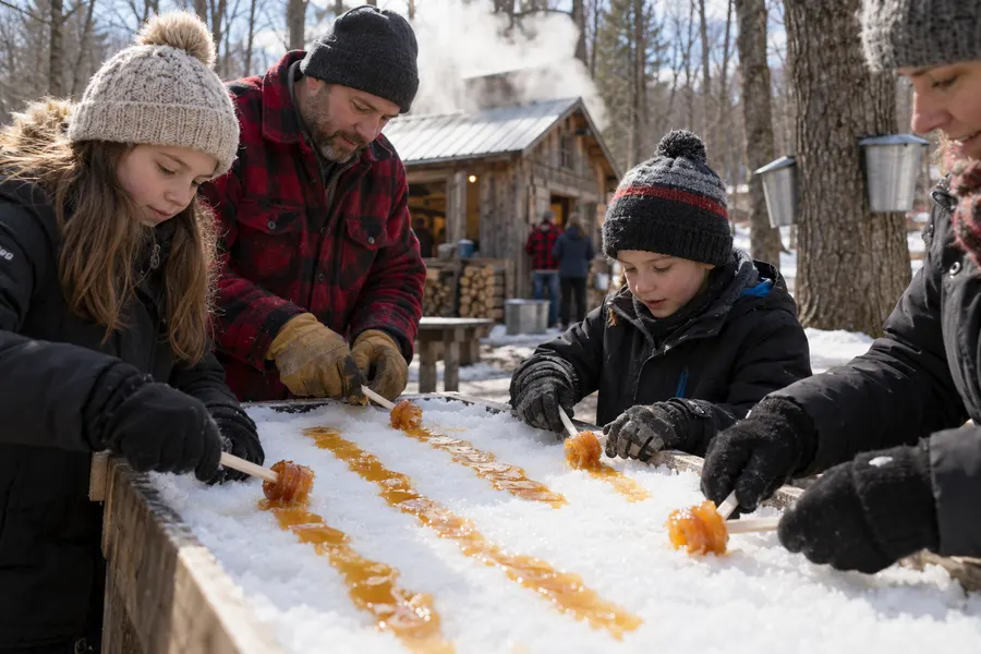 Famille qui roule de la tire d’érable sur la neige dans une cabane à sucre au printemps