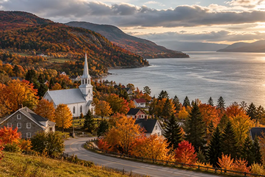 Village avec une église blanche entre des collines aux couleurs d’automne au bord du fleuve, dans Charlevoix