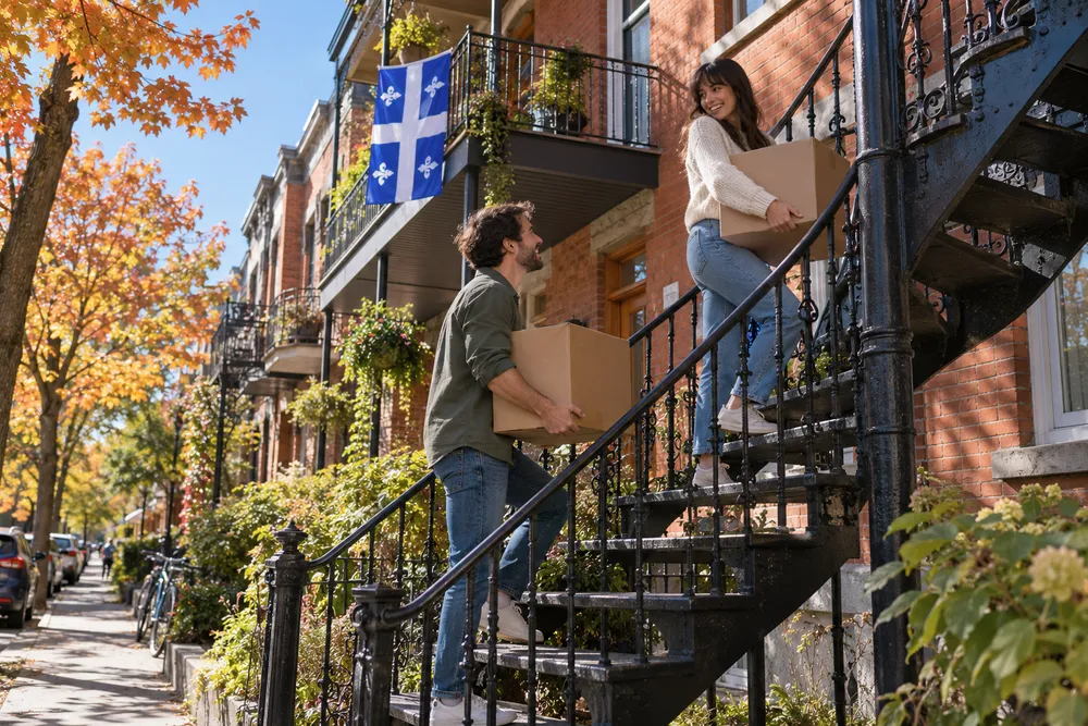 Couple qui monte des boîtes de déménagement par l’escalier en fer forgé d’un immeuble du Plateau, à Montréal, avec un drapeau du Québec au balcon