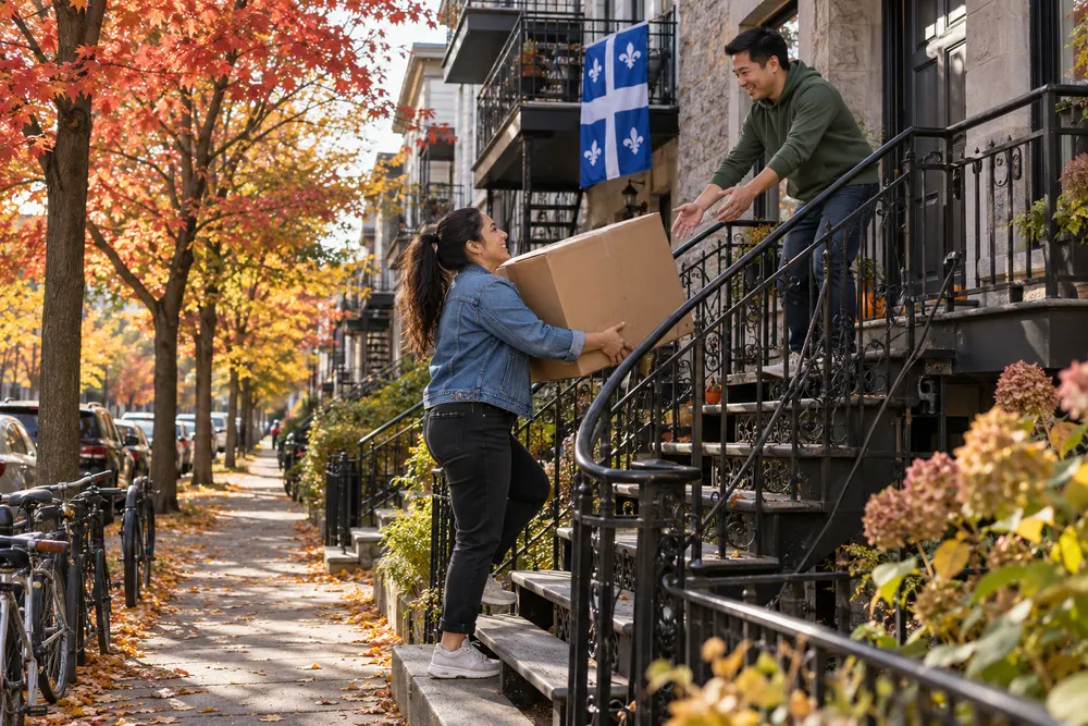 Femme qui monte une boîte de déménagement par l’escalier extérieur d’un triplex de Montréal vers un homme qui l’attend en haut, un drapeau du Québec au balcon