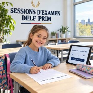 Smiling girl filling in the registration form for the DELF Prim exam session, levels A1.1 to A2, in Longueuil