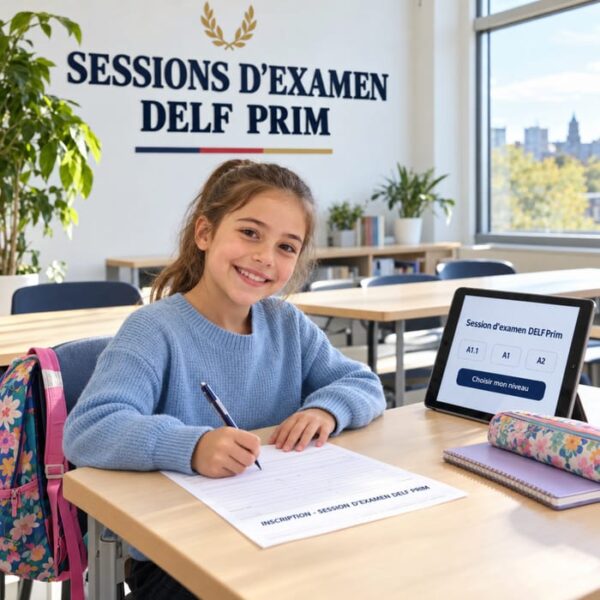 Smiling girl filling in the registration form for the DELF Prim exam session, levels A1.1 to A2, in Longueuil