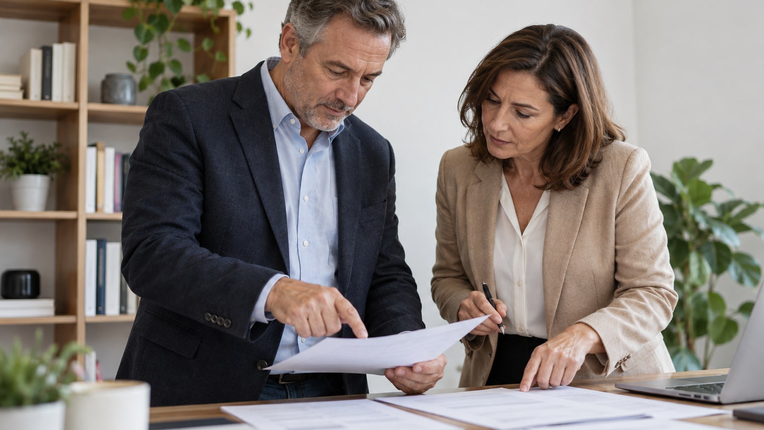 Propriétaire d’entreprise et responsable RH qui révisent des documents d’emploi pour la conformité linguistique