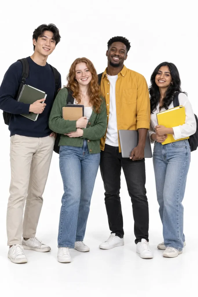 Quatre jeunes adultes, cahiers, livres et ordinateur portable à la main, prêts à préparer leur examen de français