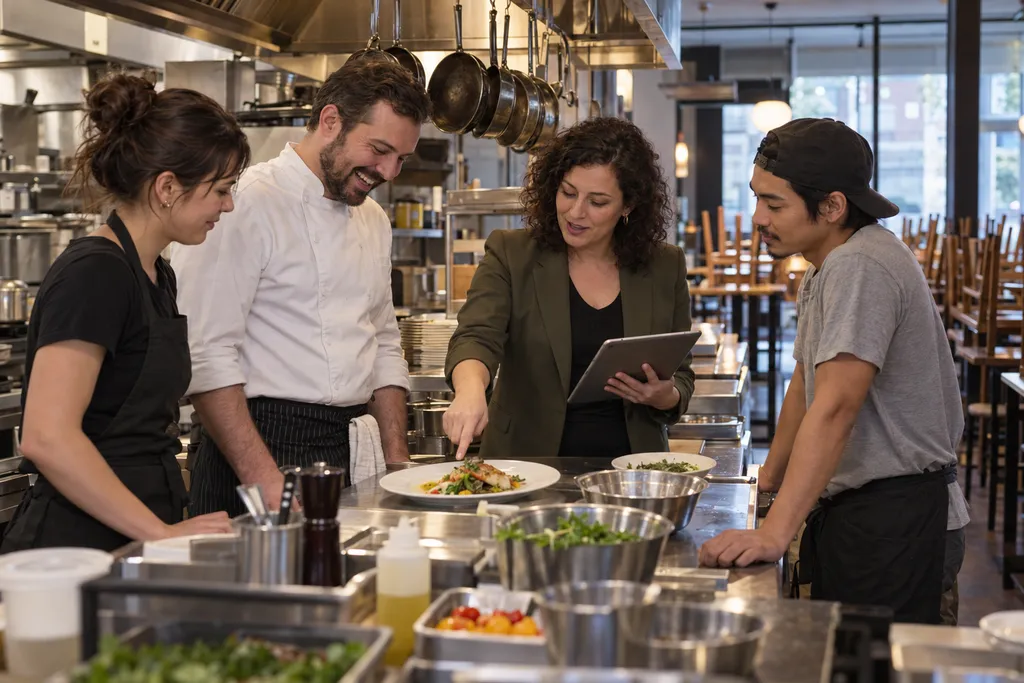 Enseignante de français qui nomme un plat sur sa tablette pour un chef, une serveuse et un plongeur dans la cuisine d’un restaurant de Montréal avant l’ouverture
