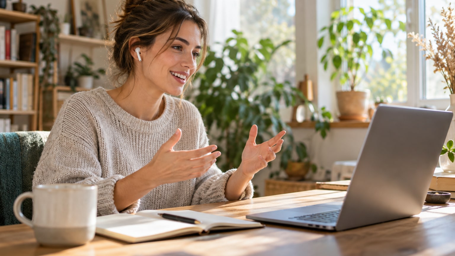Learner practising French speaking with a tutor on a video call