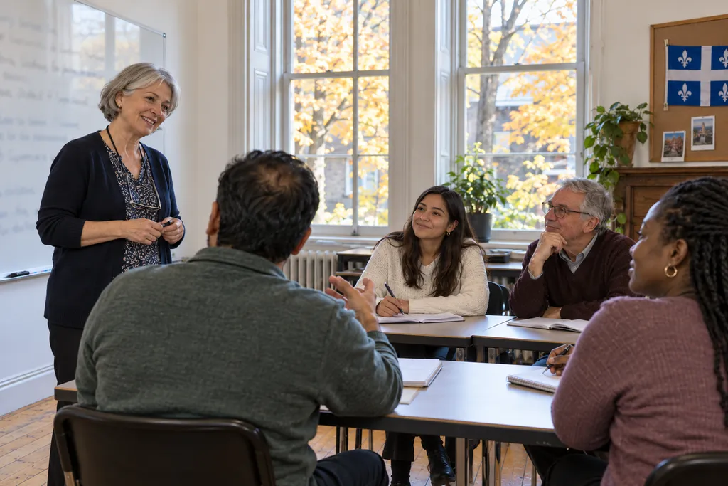 Enseignante aux cheveux argentés souriant à quatre apprenants adultes dans une classe lumineuse, un drapeau du Québec au babillard
