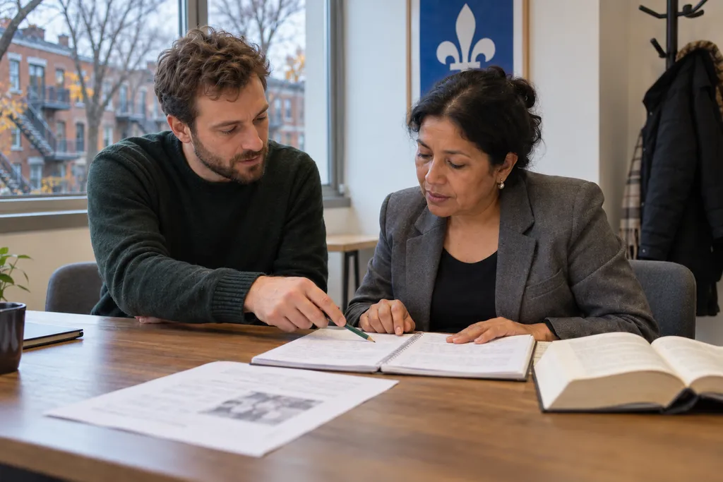 Enseignant de français qui montre du crayon une ligne dans le cahier d’une apprenante adulte pendant un cours individuel