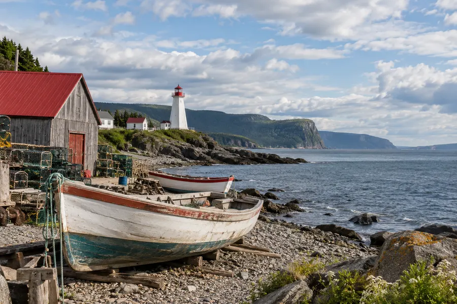 Barques de pêche en bois sur une plage de galets d’un village de la Gaspésie, avec un hangar au toit rouge et un phare