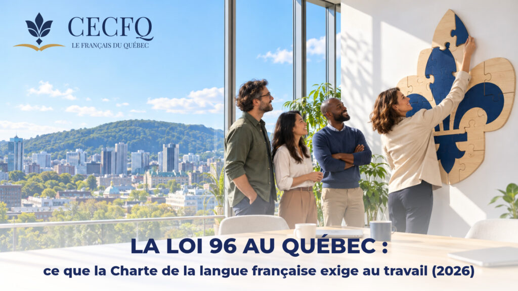 Équipe qui assemble un casse-tête géant en forme de fleur de lys dans un bureau de Montréal — obligations de la loi 96 pour les employeurs