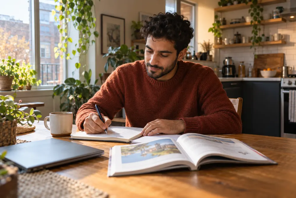 Homme qui étudie le français à la table de sa cuisine et prend des notes à côté d’un manuel ouvert et d’une tasse de café