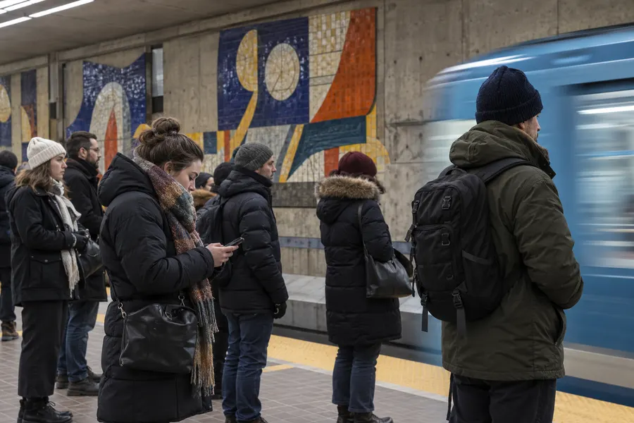 Usagers en manteaux d’hiver sur un quai du métro de Montréal, devant une murale de céramique, au passage d’une rame