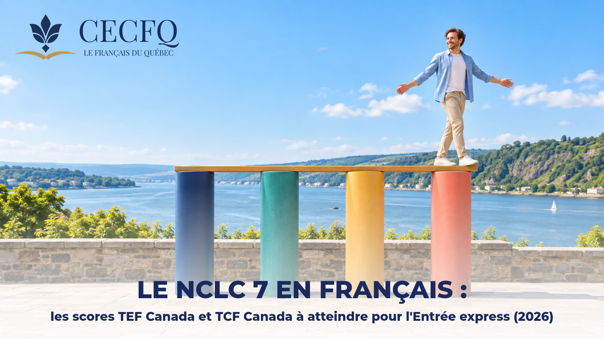 Homme qui marche sur une planche posée sur quatre colonnes de même hauteur au-dessus du Saint-Laurent — NCLC 7 dans les quatre compétences