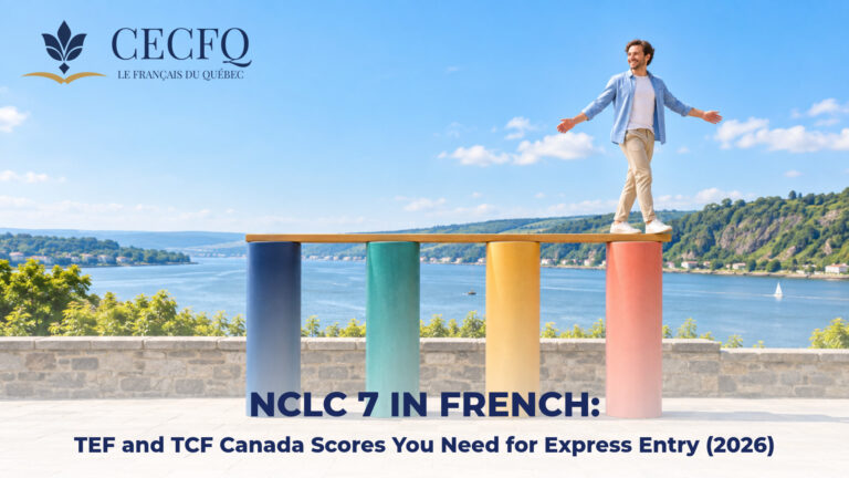 Man walking across a plank on four equal-height pillars above the St. Lawrence — NCLC 7 in all four skills
