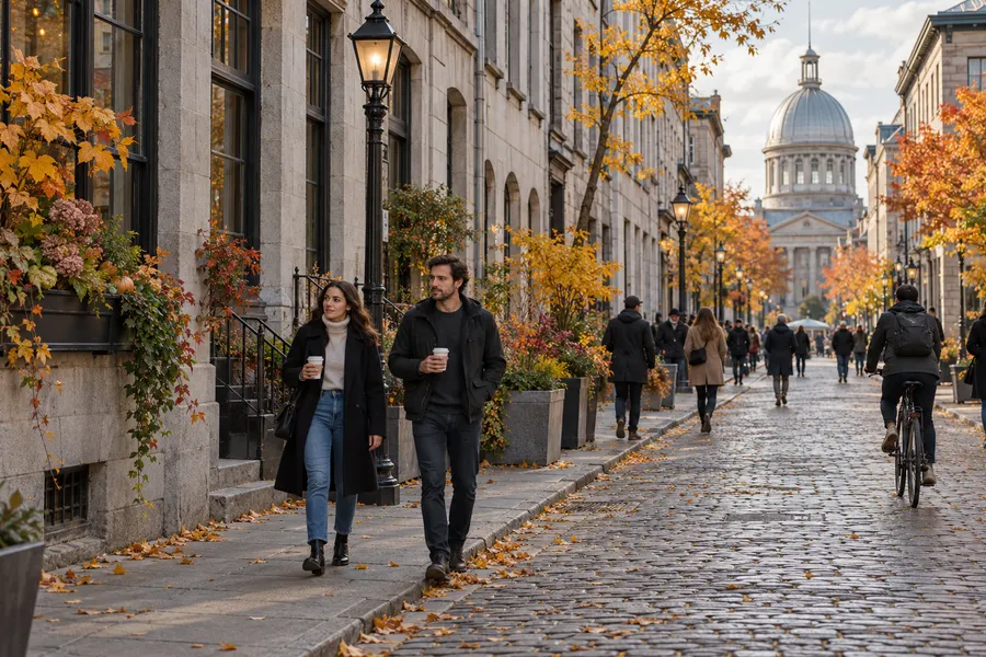 Promeneurs dans une rue pavée du Vieux-Montréal en automne, avec le dôme du marché Bonsecours au loin