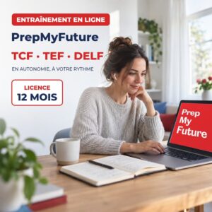 Candidate s’entraînant en ligne au TCF, au TEF ou au DELF sur PrepMyFuture, licence de 12 mois
