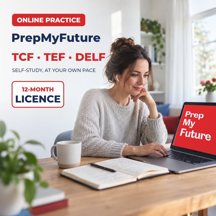 Candidate practising online for the TCF, TEF or DELF with PrepMyFuture, 12-month licence