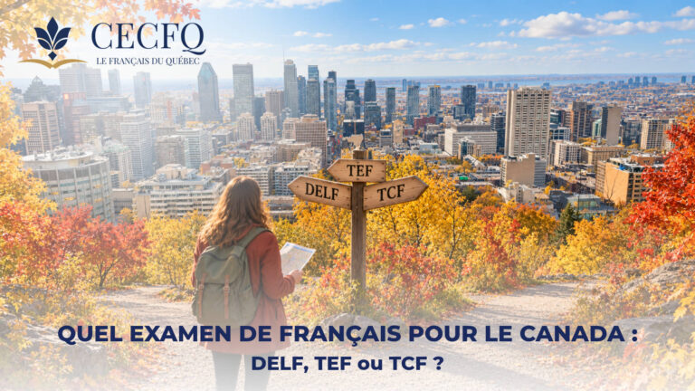 Jeune femme avec une carte devant un panneau DELF, TEF et TCF au belvédère du mont Royal, avec le centre-ville de Montréal en automne
