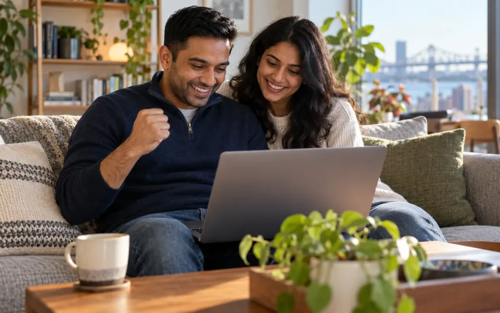 Couple heureux découvrant les résultats du TEF Canada et le niveau NCLC obtenu sur un ordinateur portable