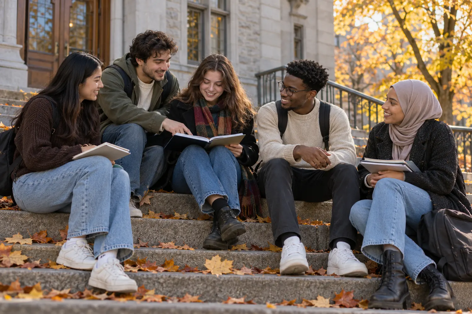 Groupe d’étudiants assis sur les marches d’un pavillon universitaire à Montréal en automne, en discutant autour de leurs cahiers