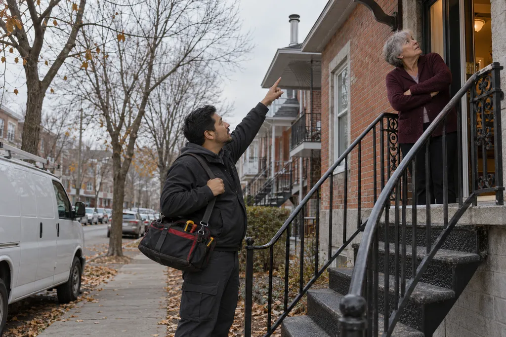 Technicien en chauffage qui montre le toit en expliquant une réparation à une propriétaire, au pied de l’escalier extérieur d’un duplex de Montréal en novembre