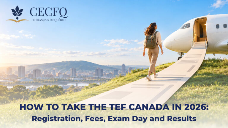 Candidate walking up a giant boarding-pass path toward a plane above Montreal — taking the TEF Canada