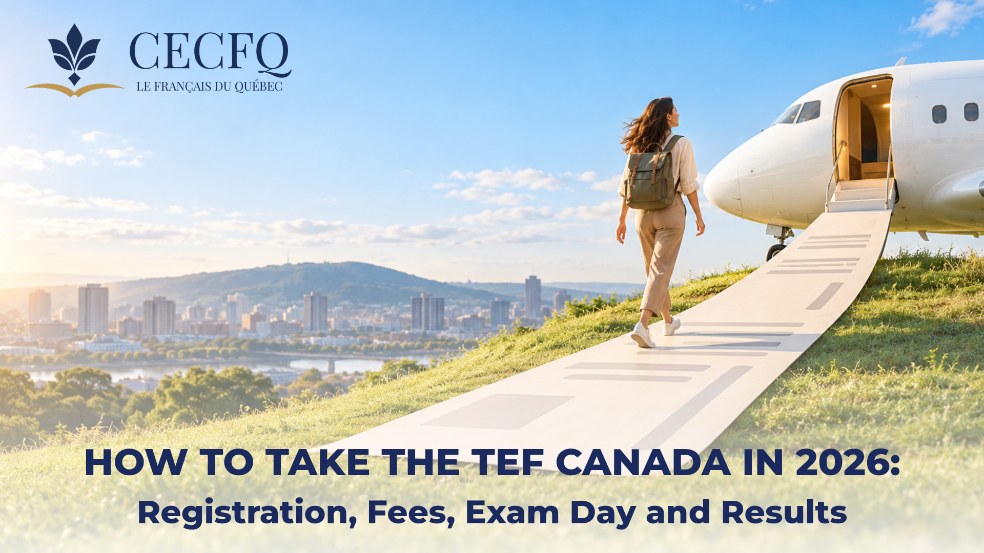 Candidate walking up a giant boarding-pass path toward a plane above Montreal — taking the TEF Canada