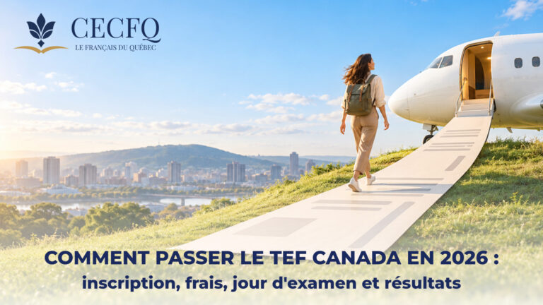 Candidate montant un chemin en forme de carte d’embarquement vers un avion au-dessus de Montréal — passer le TEF Canada