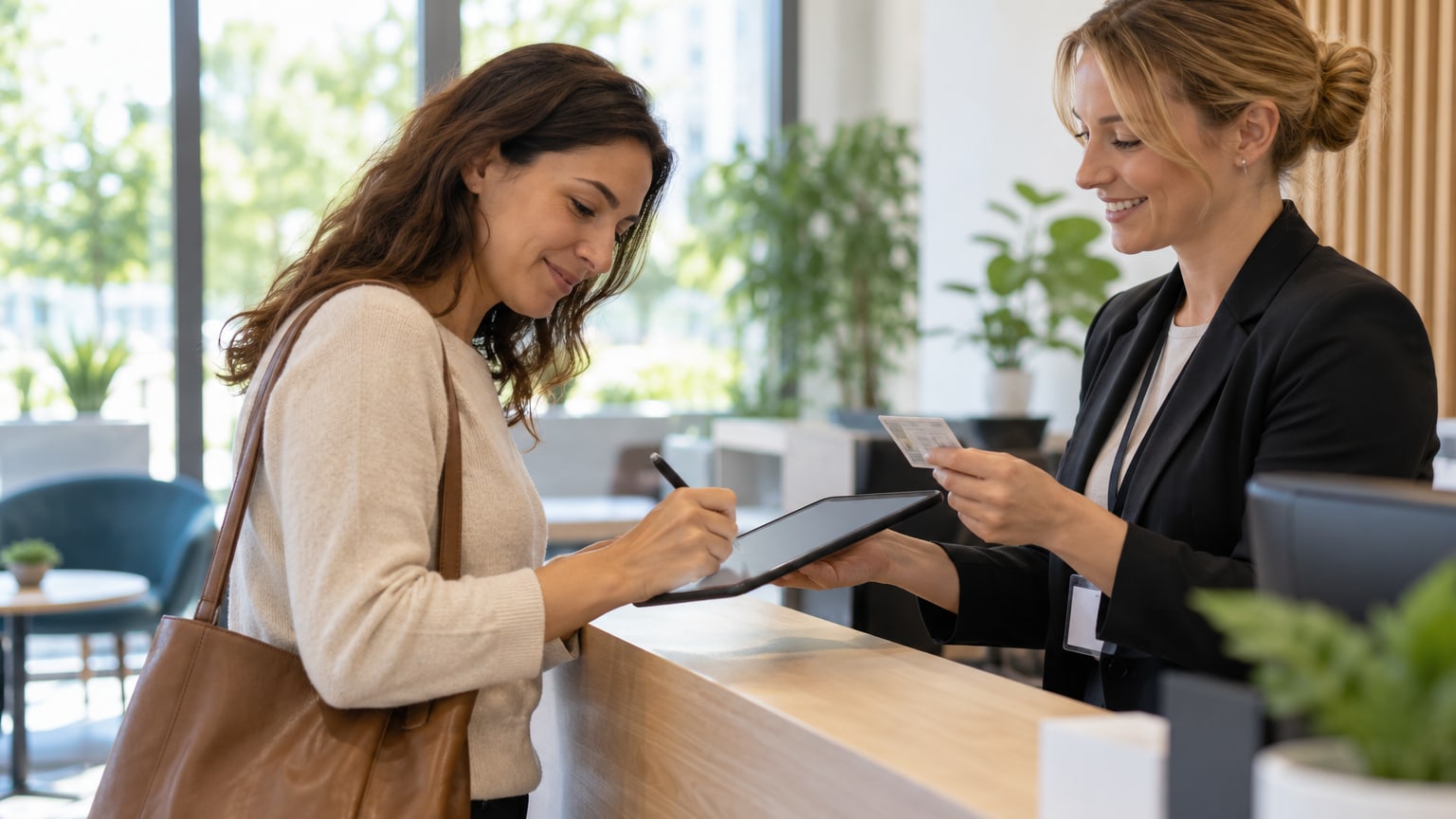 TEF Canada candidate signing in on a tablet while a supervisor checks her ID on exam day