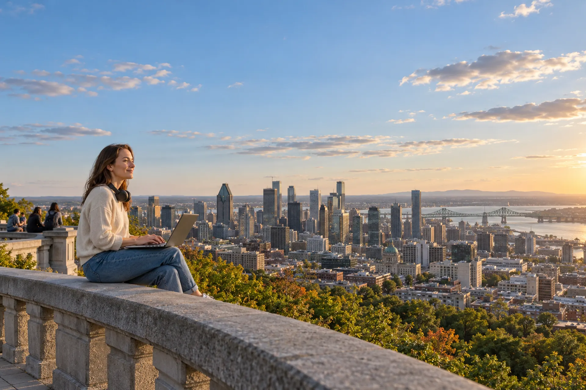 Femme qui étudie en ligne sur son ordinateur portable, assise sur la balustrade du belvédère du mont Royal, devant les gratte-ciel de Montréal et le pont Jacques-Cartier
