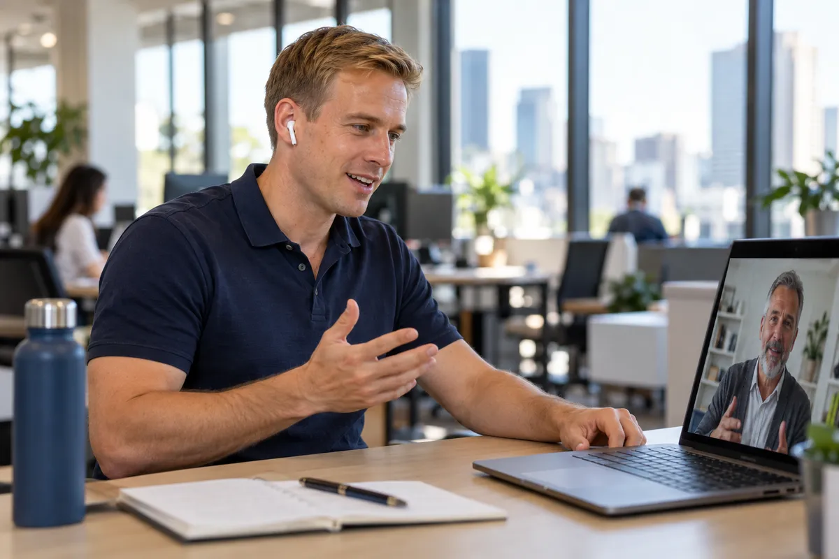 Employé américain avec des écouteurs qui parle avec une enseignante de français pendant un cours en ligne en direct sur son portable, dans un bureau en ville