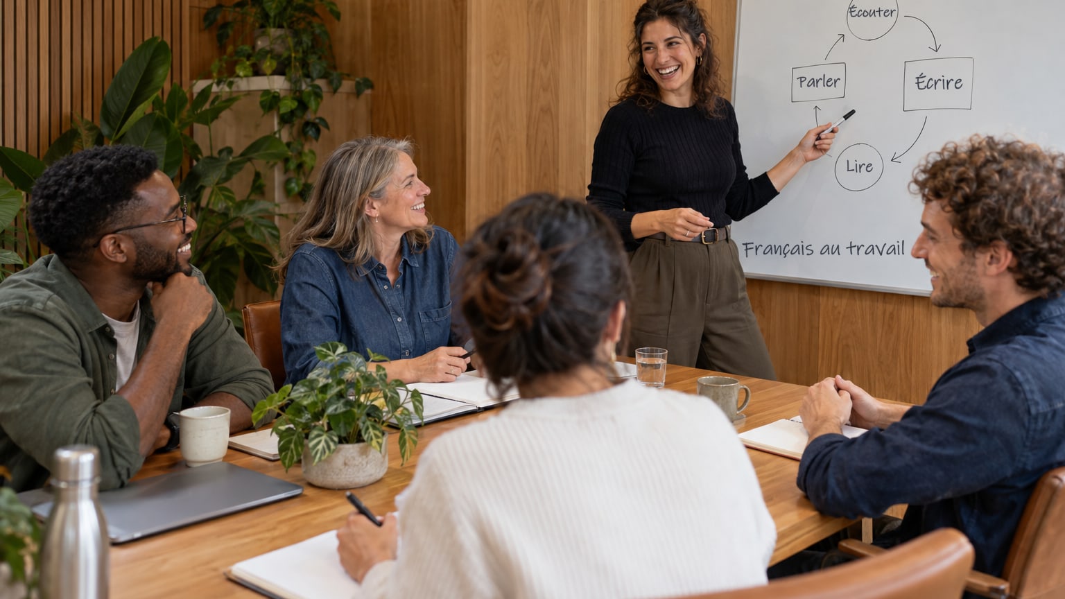 Small workplace French class with a trainer in an office meeting room
